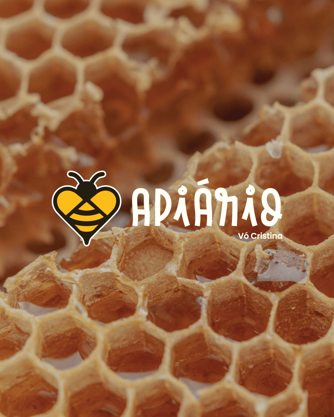 Identidade visual do Apiário Vó Cristina aplicada sobre favos de mel
