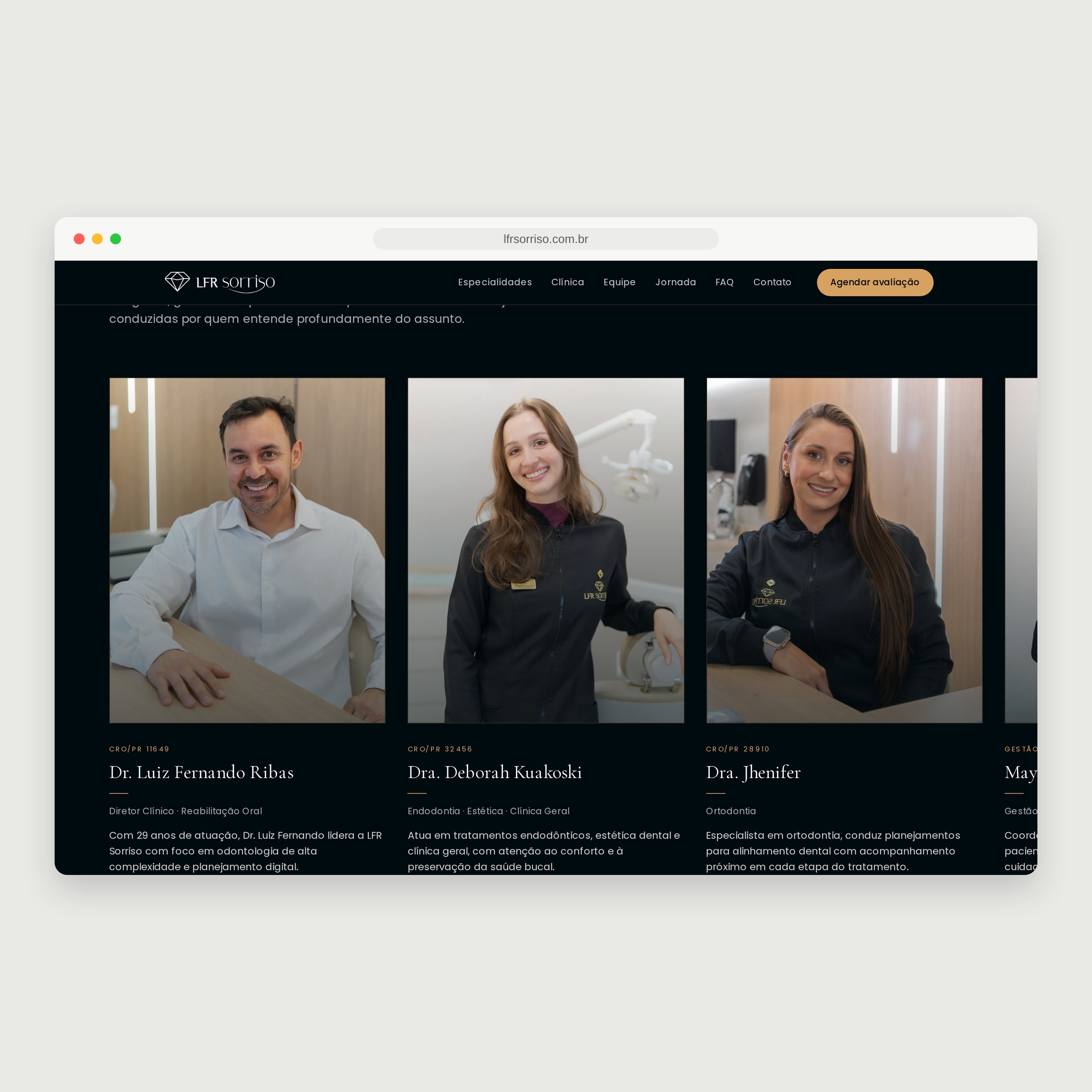 Seção de equipe do site da LFR Sorriso